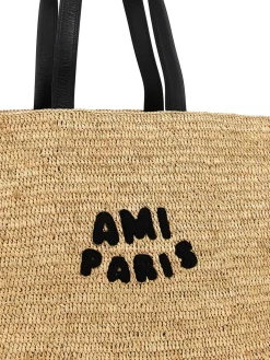 Borsa a spalla in rafia con logo Ami Paris