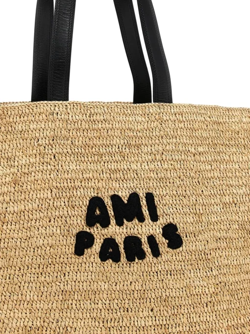 Borsa a spalla in rafia con logo Ami Paris