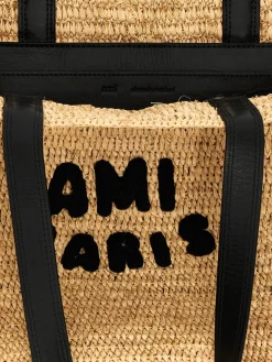 Borsa a spalla in rafia con logo Ami Paris