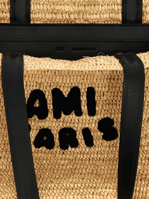 Borsa a spalla in rafia con logo Ami Paris