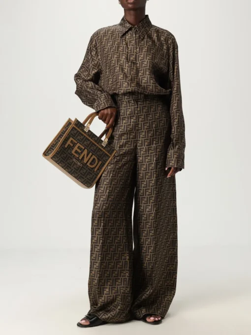 Borsa Sunshine Small Fendi in misto cotone e pelle con monogram FF jacquard