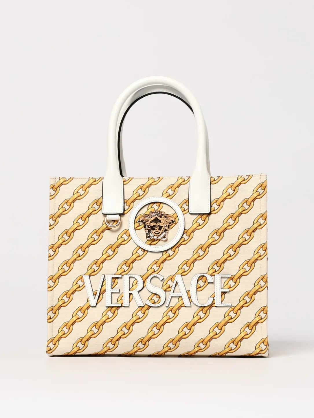 Borsa Versace in canvas con stampa chain