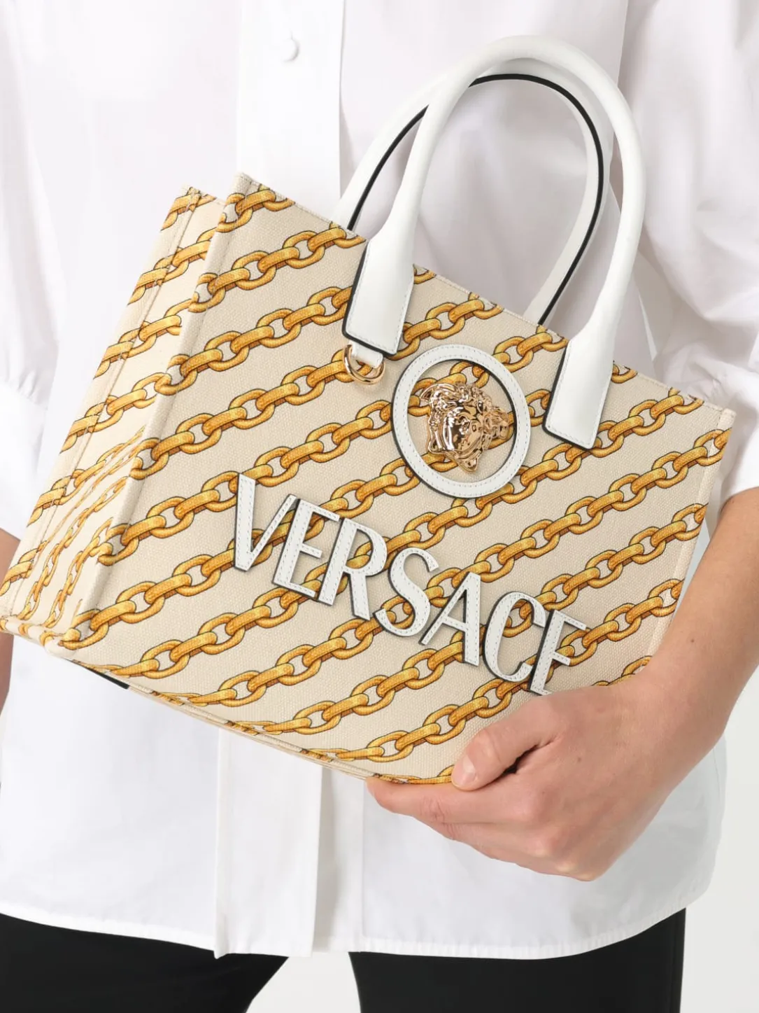 Borsa Versace in canvas con stampa chain