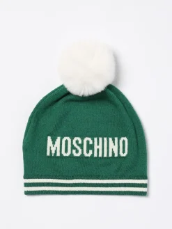 Cappello Moschino in misto cotone con logo intarsiato e pompon