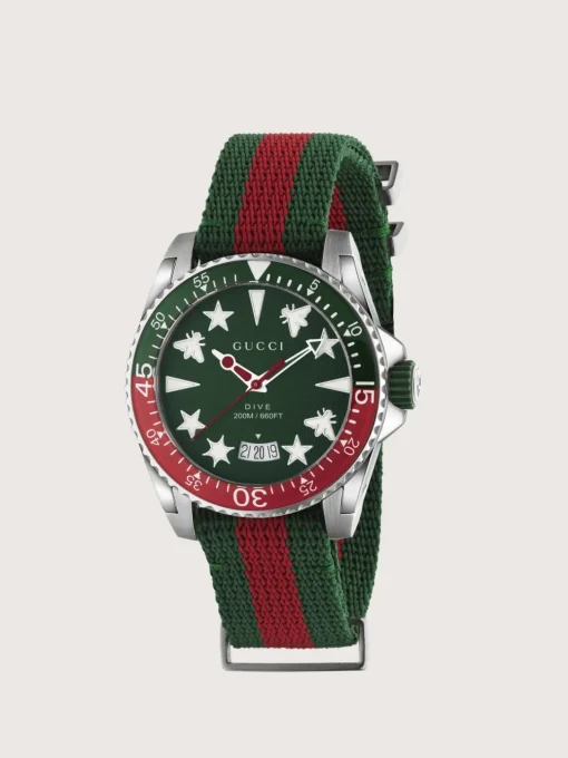 Steel case, green and red bezel, green rubber crown, green dial