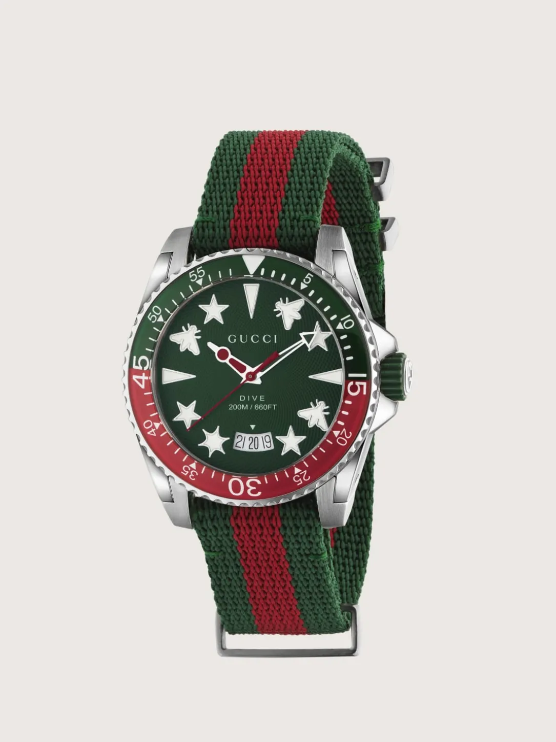 Steel case, green and red bezel, green rubber crown, green dial
