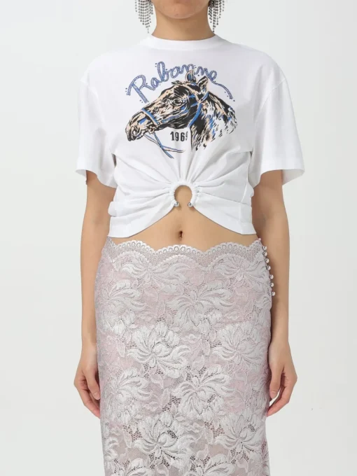 T-shirt cropped Rabanne in cotone con stampa