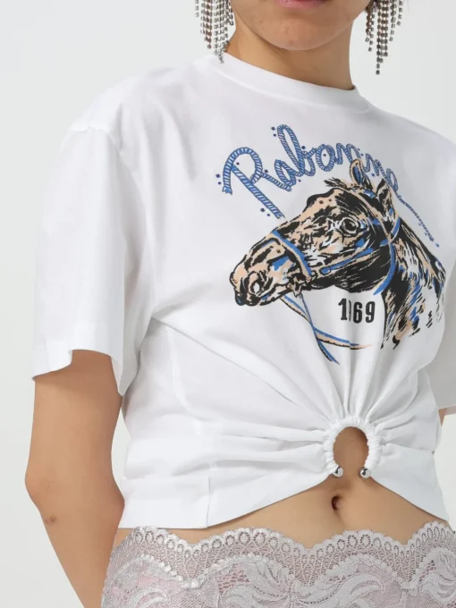 T-shirt cropped Rabanne in cotone con stampa