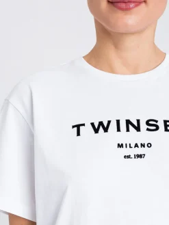 T-shirt in cotone con logo floccato Twinset