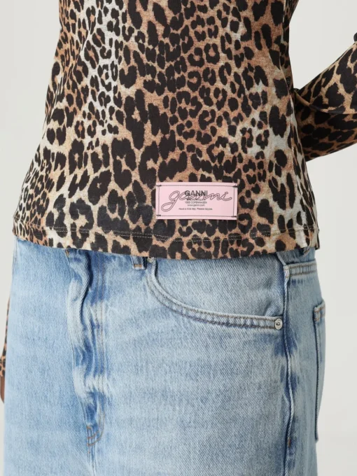 T-shirt in poliestere riciclato animalier con logo Ganni