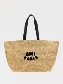 Borsa a spalla in rafia con logo Ami Paris
