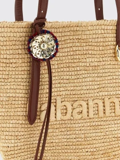 Borsa a spalla in rafia con logo Rabanne