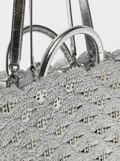 Borsa Rabanne in nylon lamè crochet con applicazioni