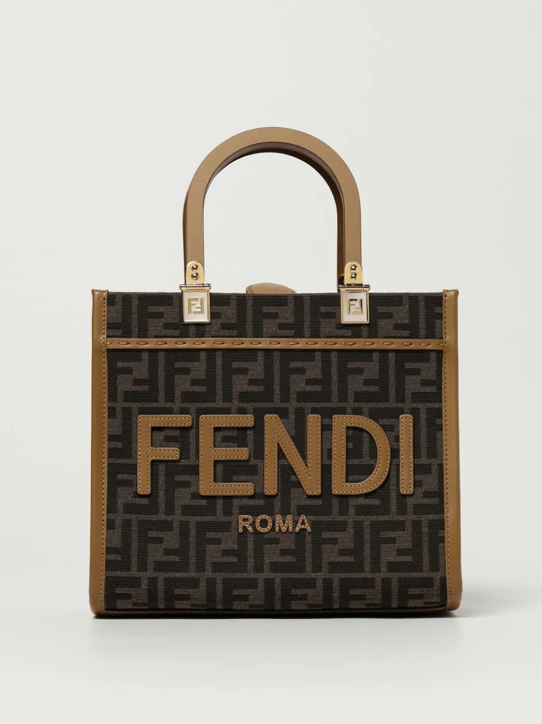 Borsa Sunshine Small Fendi in misto cotone e pelle con monogram FF jacquard