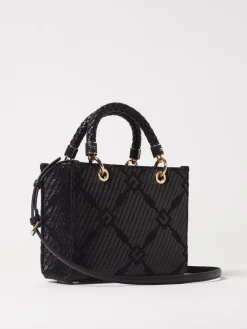 Borsa tote Elisabetta Franchi in rafia e tessuto con logo jacquard