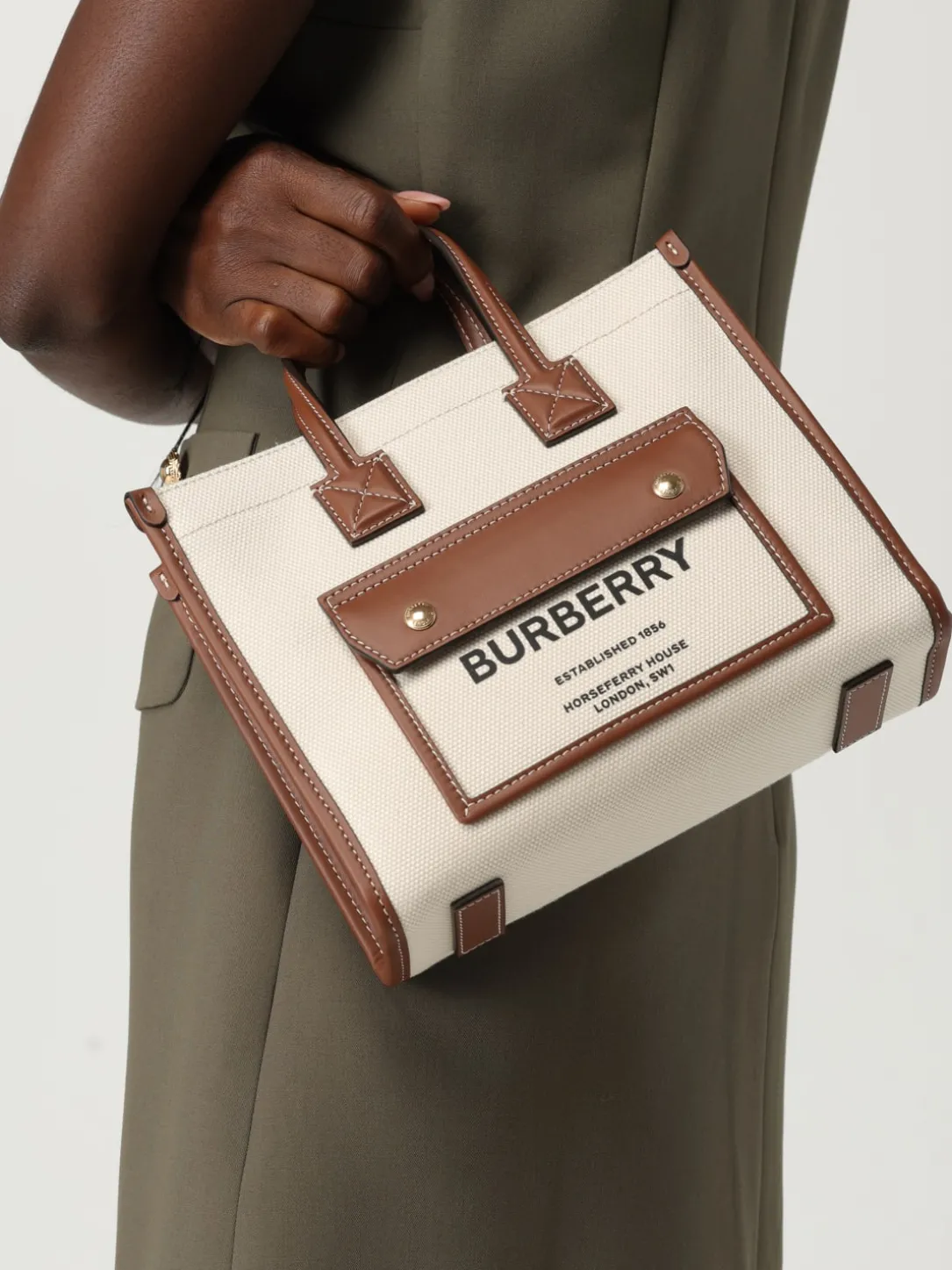 Borsa Tote Freya mini Burberry in pelle e misto cotone