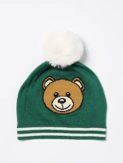 Cappello Moschino in misto cotone con logo intarsiato e pompon