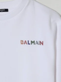 Felpa a girocollo in cotone con logo di strass Balmain