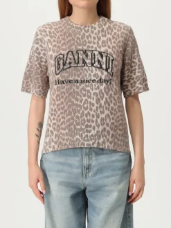Maglia in lana vergine animalier con logo Ganni