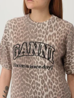 Maglia in lana vergine animalier con logo Ganni