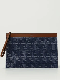 Pouch FF Medium Fendi in denim jacquard e pelle
