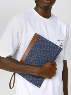 Pouch FF Medium Fendi in denim jacquard e pelle