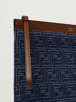 Pouch FF Medium Fendi in denim jacquard e pelle