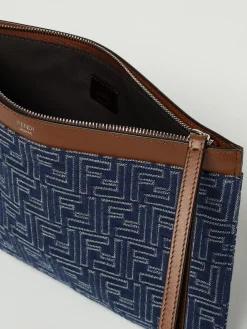 Pouch FF Medium Fendi in denim jacquard e pelle