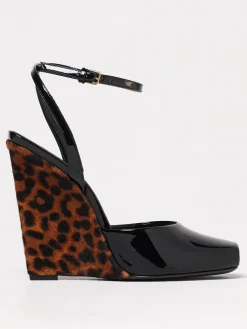 Sandalo Le Scandale Saint Laurent in vernice con zeppa in cavallino animalier