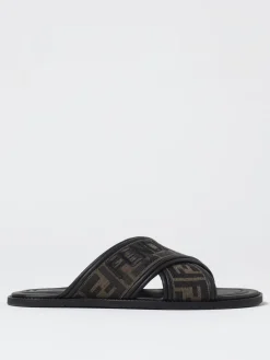 Sliders Fendi in misto cotone e pelle con logo