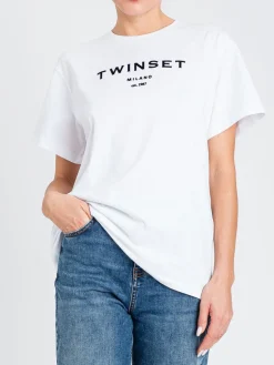 T-shirt in cotone con logo floccato Twinset