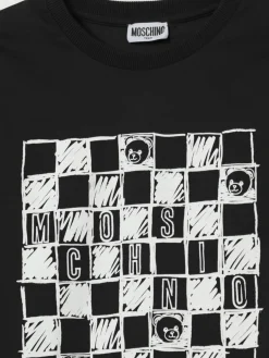 T-shirt in cotone con stampa logo a scacchi Moschino