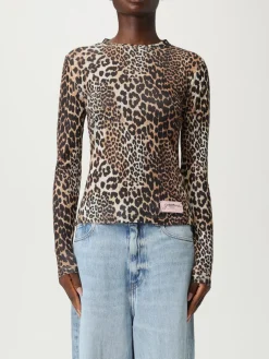 T-shirt in poliestere riciclato animalier con logo Ganni