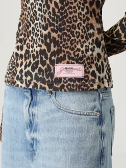 T-shirt in poliestere riciclato animalier con logo Ganni